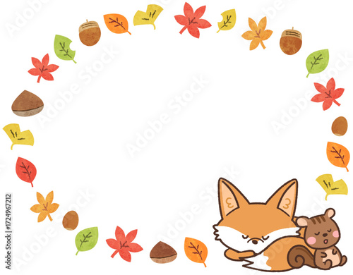 秋の紅葉と眠るキツネとリスの丸いフレームイラスト