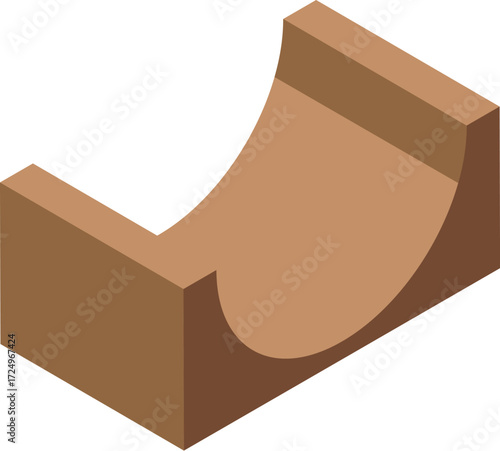 Isometric wooden ramp structure for skateboarding, featuring a curved surface for performing tricks and stunts