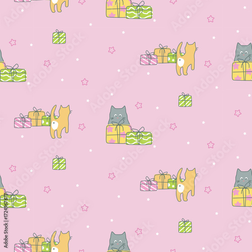 Seamless pink background with adorable cats, gift boxes and birthday decorations, perfect for wrapping paper or festive design
