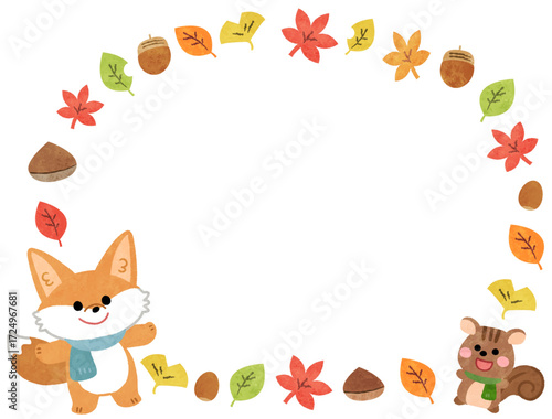 秋の紅葉と眠るキツネとリスの丸いフレームイラスト