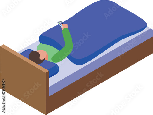 Young man is using his smartphone in bed, covered by blue blanket, just before sleeping or right after waking up