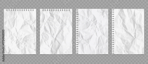 Vector sheet of paper with a wrinkled texture and shadow. Realistic crumpled paper mockup. Torn edges. Notebook page design template. 