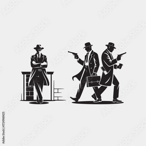 Three Silhouetted Men in Hats and Coats Holding Guns
