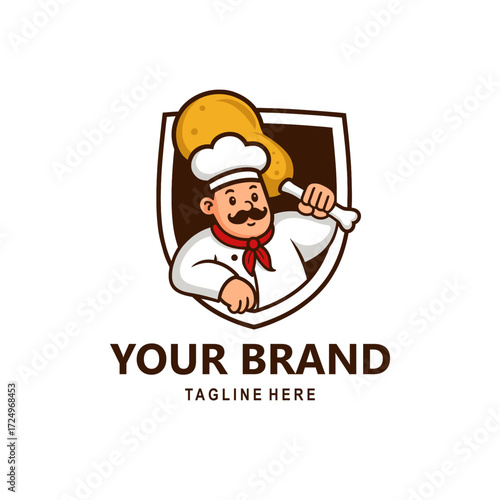 Cartoon chef mascot character holding a big fried chicken drumstick inside a shield emblem. Funny and friendly cook illustration with mustache, chef hat, and red scarf. Perfect for restaurant logo