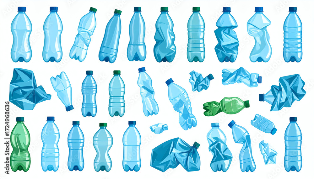 Obraz premium Crumpled plastic bottles, broken and crushed empty plastic containers, recycling and waste management concept, realistic plastic bottle debris, eco-friendly environmental illustration