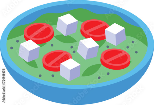 Isometric view of a vibrant greek salad, featuring fresh tomatoes, creamy feta cheese, and a flavorful green dressing