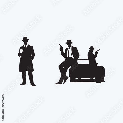 Three men in fedoras and suits with guns silhouette