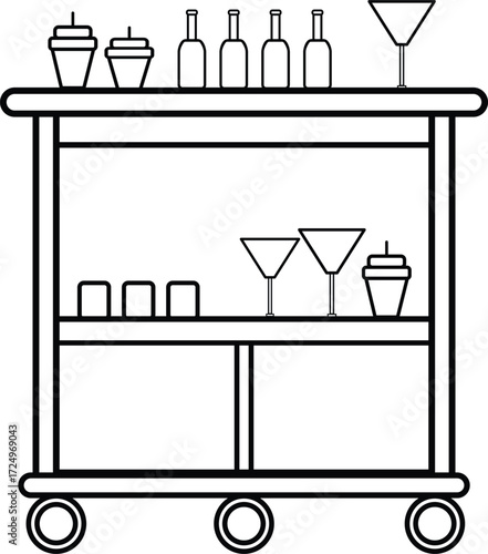 home bar cart Line Art Illustration, Coloring Book Page Line Art Drawing