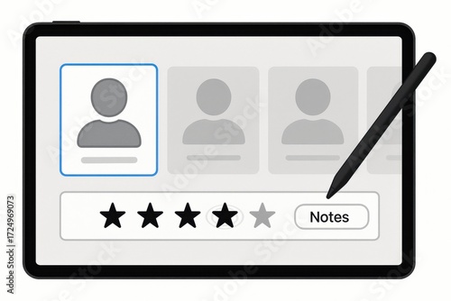 Minimal cartoon tablet showing candidate rating with stylus and five star feedback score
