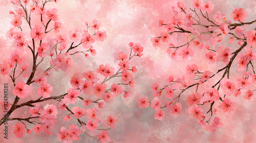 Floral Wallpaper with Pink Blossom Branches on Watercolor Background. Botanical Wallpaper with Pink Cherry Blossom on Soft Background. Watercolor Pink Peonies and Branches on Pink Background Stock