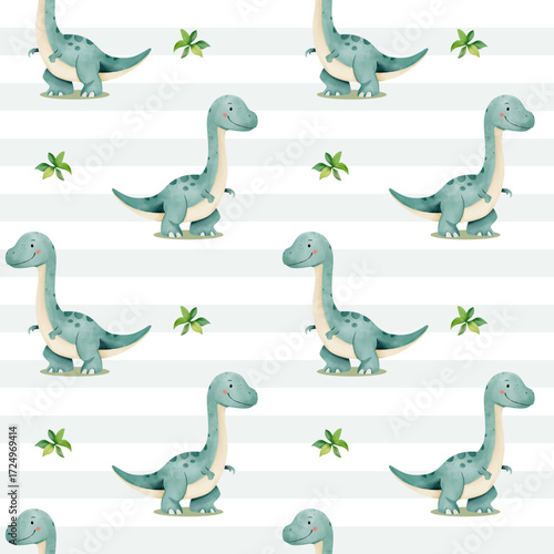 Seamless pattern with cute dinosaur. Watercolor baby brontosaurus background.