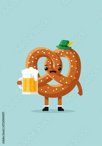 A delightful flat design vector illustration of a cheerful pretzel character, complete with a Bavarian hat and a beer stein, embodying the joyous spirit of Oktoberfest.
