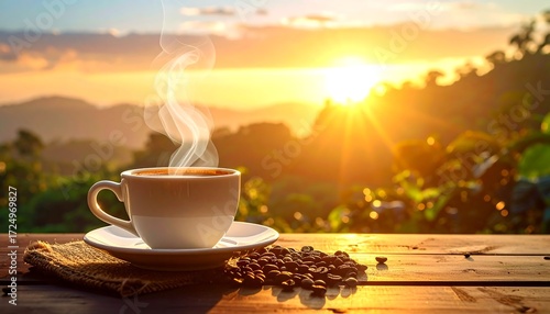 Sunrise view, steaming coffee cup on wooden table with coffee beans