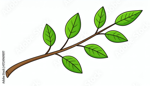Hand-drawn twig with green leaves, botanical illustration, leafy branch sketch, natural foliage artwork, realistic plant twig design