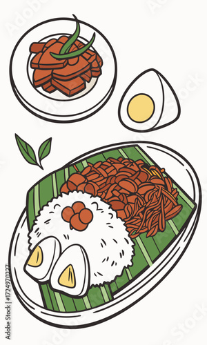 Artistic Illustration of Nasi Lemak with Various Garnishes and Sides