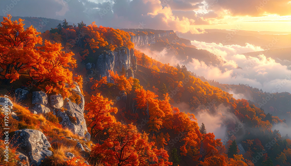 Naklejka premium Towering hills blanketed in vibrant orange autumn trees are enveloped by rolling fog. This panoramic landscape captures the breathtaking, misty glow of sunset.