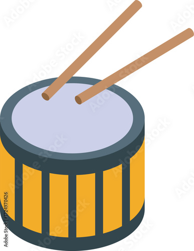 Isometric drum with wooden drumsticks ready to play, creating a vibrant and energetic musical scene