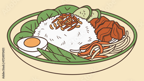Deliciously Illustrated Nasi Lemak Dish with Rice Egg and Garnishes