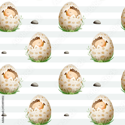 Seamless pattern with dinosaur eggs. Watercolor lovely dinosaurs inside shells. Dinosaur background.