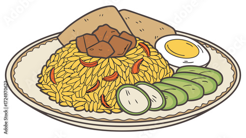 Khao Mok Gai Thai Chicken Biryani with Egg and Cucumber Cartoon Illustration