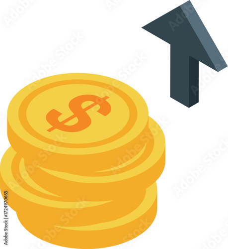 Gold coins with dollar sign increasing profit with upward arrow, isometric finance concept