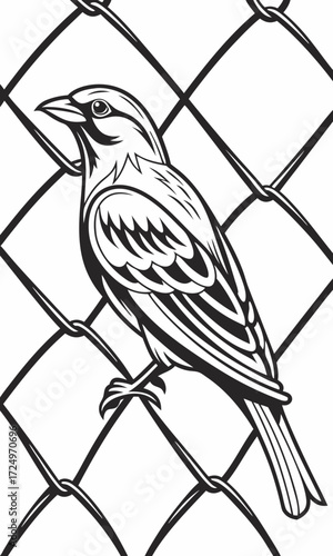 Monochrome Sparrow Perched on a Wire Fence Detailed Vector Illustration
