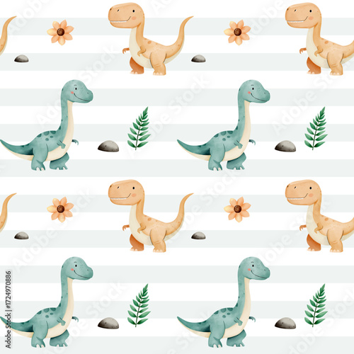 Seamless pattern with cute dinosaurs. Watercolor baby background. Tyrannosaurus and brontosaurus