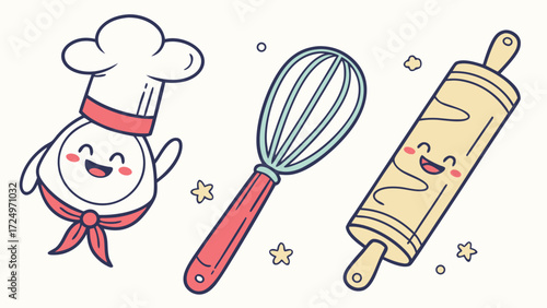 Whimsical Baking Tools Smiling Chef Whisk and Rolling Pin Cartoon Illustration