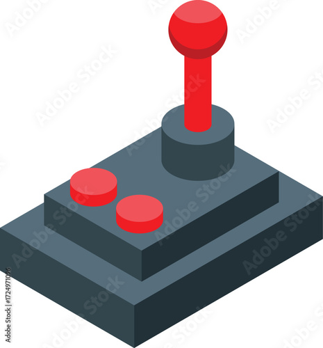 Isometric view of a retro joystick featuring a prominent red lever and buttons, evoking nostalgia for classic video games