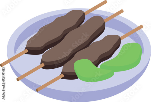 Delicious grilled satay served on skewers with green chili sauce, ready to be enjoyed