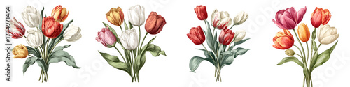 Wallpaper Mural Tulip Flower Bouquet Set: Watercolor Floral Arrangement on White Torontodigital.ca