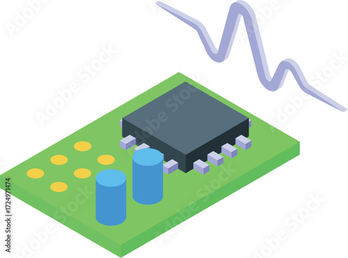 Green circuit board with microchip, capacitors, and radio waves, representing semiconductor technology in isometric view