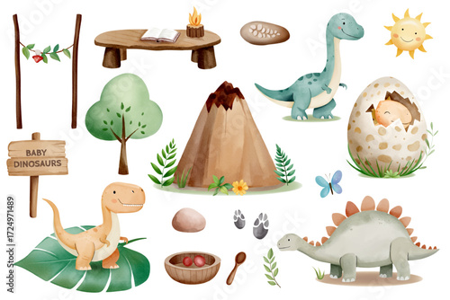Watercolor set with prehistoric animals and funny life details for kids. Cute baby dinosaurs in everyday life. Eggs, leaves, food