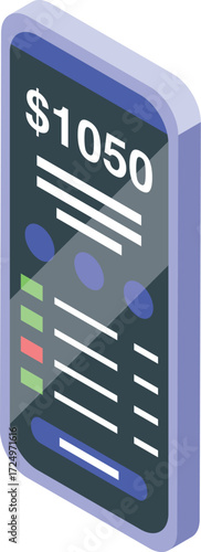 Mobile banking app displaying account balance and transaction history on a smartphone screen, viewed isometrically
