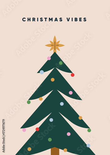 Christmas tree, greeting card design. Xmas poster with festive fir decorated ...