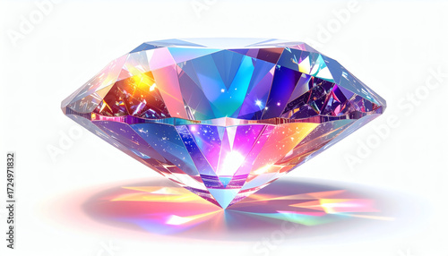 Realistic diamond reflection with rainbow light optical effect, crystal jewelry prism, sparkling gem illustration, refracted light gemstone design
