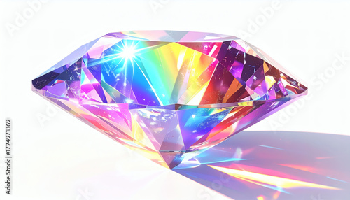 Realistic diamond reflection with rainbow light optical effect, crystal jewelry prism, sparkling gem illustration, refracted light gemstone design