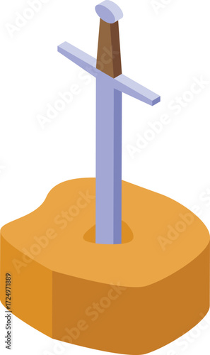 Isometric icon of a medieval sword stuck into a stone, representing the legend of king arthur and excalibur