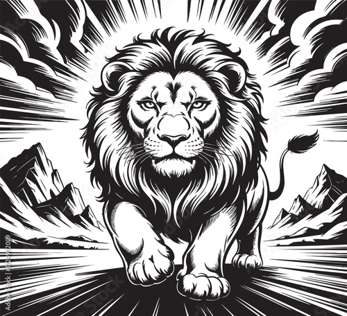 A majestic lion strides forward against a dramatic landscape in black and white illustration style