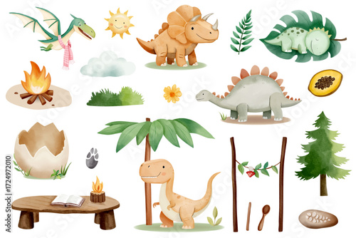 Watercolor set with prehistoric animals. Cute baby dinosaurs in everyday life. Eggs, leaves, food and funny life details