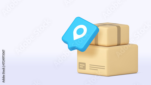 Two cardboard boxes with blue tracking pin represent logistics, package delivery, and global shipping services. 3d realistic icon copy space banner vector illustration