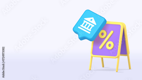 Blue bank icon combined with yellow percent sign on purple banner represents finance, banking, and digital savings for fintech platforms. 3d realistic icon copy space banner vector illustration