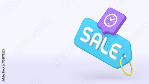 3d icon featuring a bright blue tag with bold white SALE text and a clock symbolizing limited-time promotions, advertising campaigns, shopping discounts. 3d icon copy space banner vector illustration