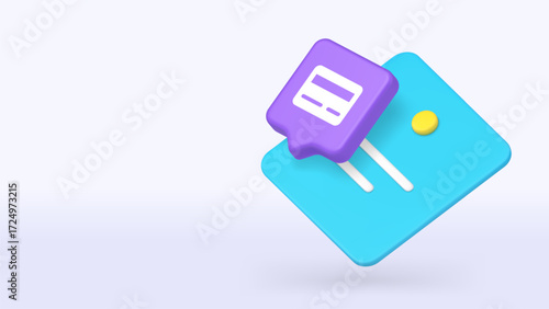 Purple card and blue tag icon representing commerce, retail transactions, payment systems, business services, and e-commerce finance tools. 3d realistic icon copy space banner vector illustration