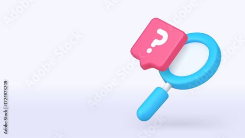 Pink question mark with a blue magnifying glass represents curiosity, learning, and research in digital content. 3d realistic icon copy space banner vector illustration