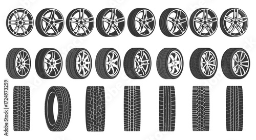 Collection of various car wheels and tire treads from different angles.