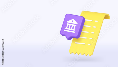 Modern 3D icon combining a bank and receipt image representing financial services, digital banking and online payment operations. Ideal for finance design themes. Copy space banner vector illustration