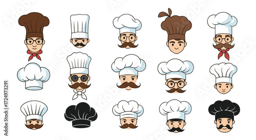 A collection of chef hats in various styles and colors representing different culinary characters.