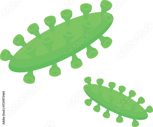 Microscopic view of two green virus particles floating in a white background, representing the spread of infection