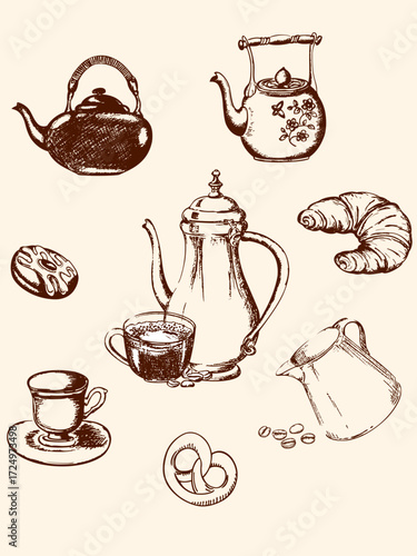A collection of handdrawn sketches of coffeerelated items